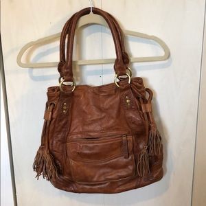 Sabina cognac leather shoulder bag with tassels